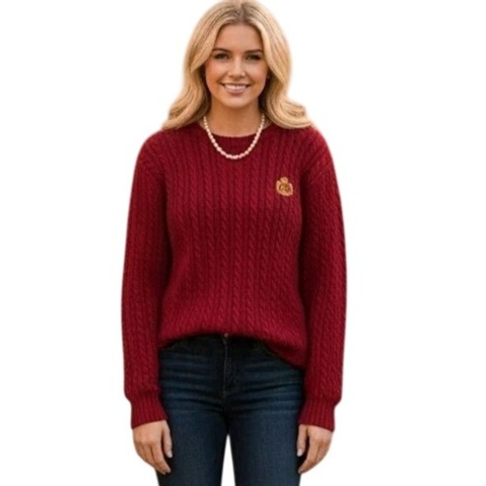 Vtg 90s Women's Lauren Ralph Lauren Cable Knit Sweater Red Victory Logo Crest XL